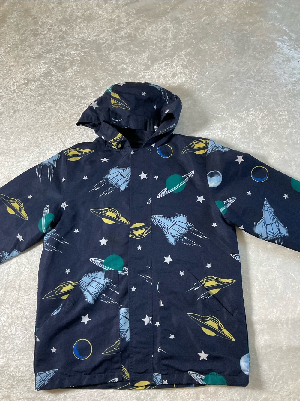 Gymboree Navy Space-Themed Hooded Raincoat with Yellow & Teal Accents